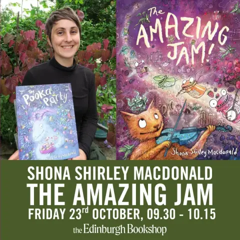Poster advertising The Amazing Jame with Shona Shirley MacDonald, a special Under Fives Storytime, at the Edinburgh Bookshop