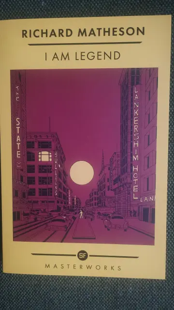 A cityscape as the sun sets between the tall, modern buildings, on the cover of I Am Legend