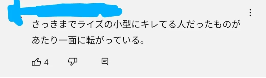 「さっきまでライズの小型にキレてる人だったものがあたり一面に転がっている。」というYouTubeのコメント
